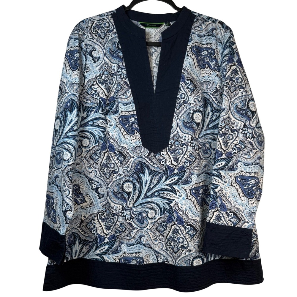 C. Wonder Heavy Poplin Cotton Paisley Tunic‎ 16 Quilted Trim Coastal Nautical